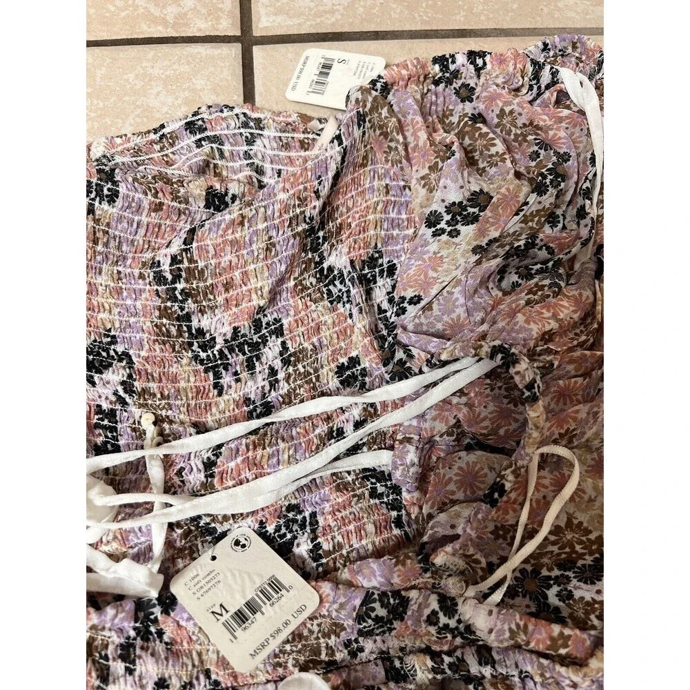 Free People Back On Top Crop Smocked‎ Shirt Blouse Puff Sleeve Size S